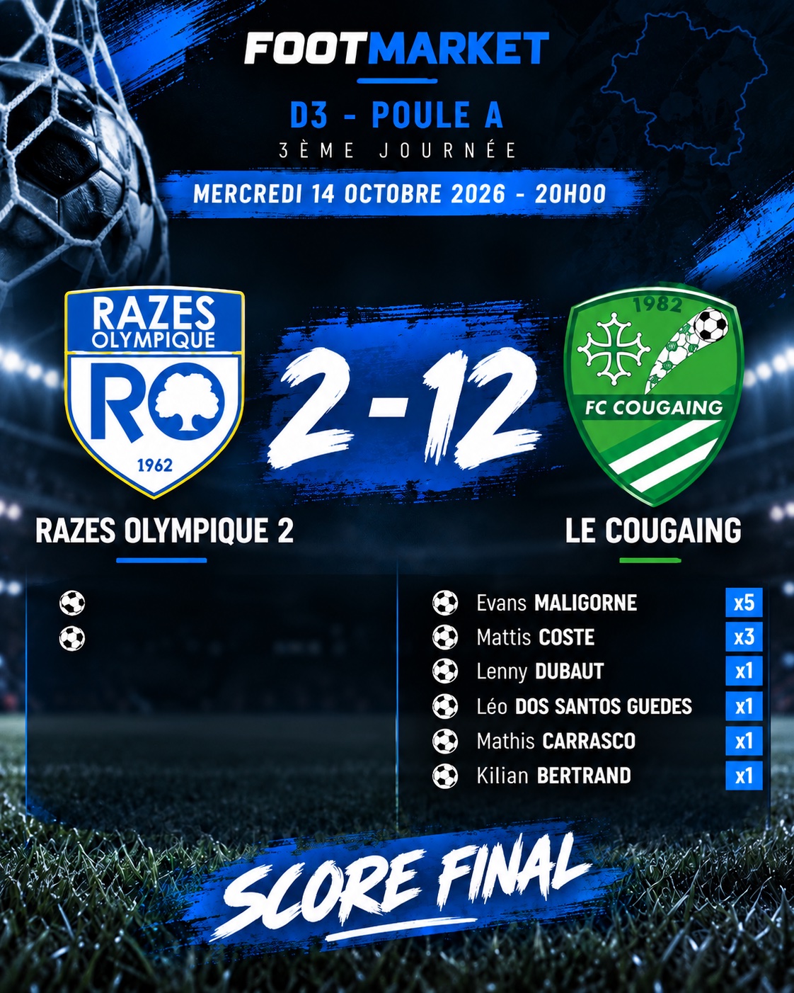 D3 – Le Cougaing frappe fort avec un festival offensif face à Razès Olympique 2 !